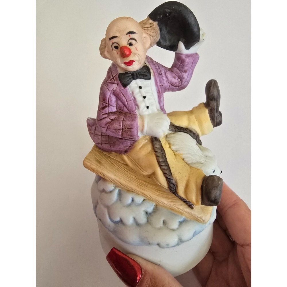 Vintage‎ Porcelain Sad Clown With Dog on Sled Music Box, Music Box Works